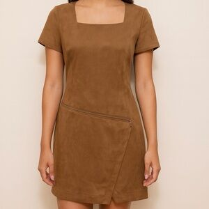 CALVIN KLEIN Suede-Look Short Sleeve Zip Sheath Dress — Size 8 Tan